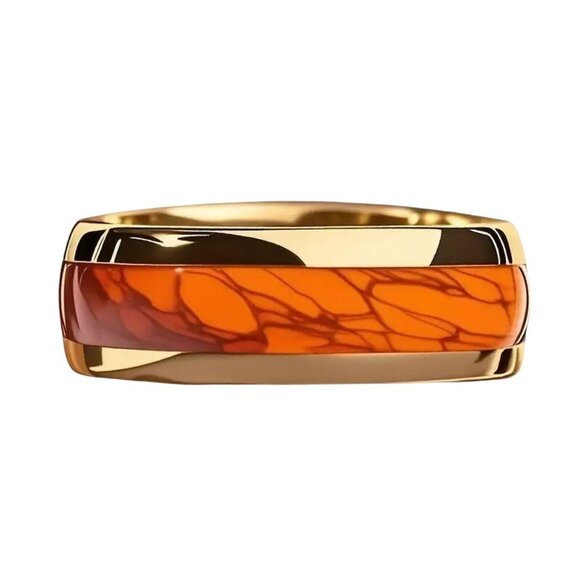 Tungsten Steel Men's Fashion Ring High Polished Orange Marble & gold plated rims - Picture 2 of 5